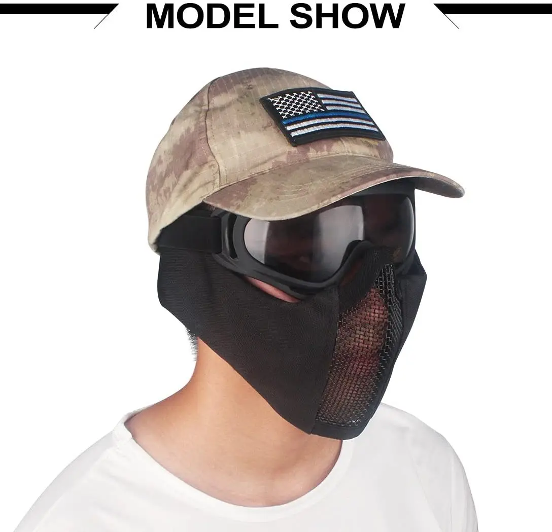 zlangsports Tactical Foldable Half Face Airsoft Paintball Mask with UV Protection Goggles Ear Protection Metal Mesh Military CS