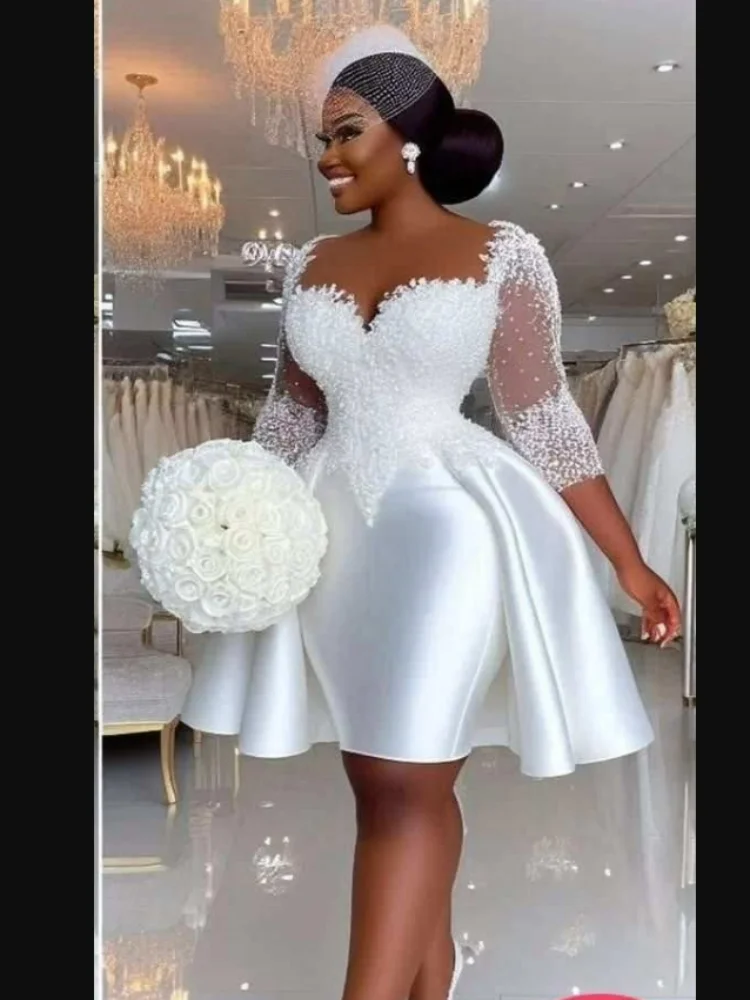 Customized Sheer Neck Shinny Appliques Beads Short Wedding Dress Vestidos De Novia Half Sleeves Knee Length Bridal Gowns