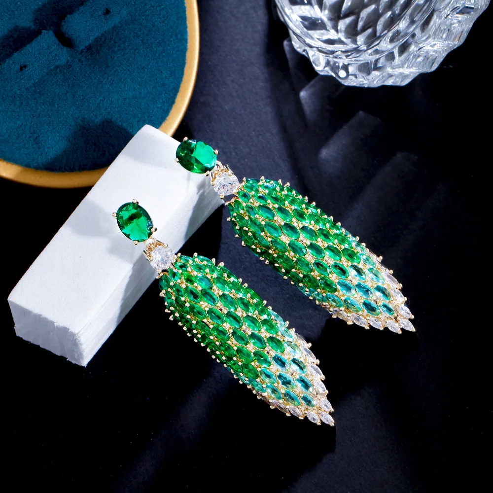 CWWZircons Fringed Marquise Cut Green Cubic Zirconia Stone Long Dangle Drop Chunky Luxury Wedding Party Earrings for Women CZ490