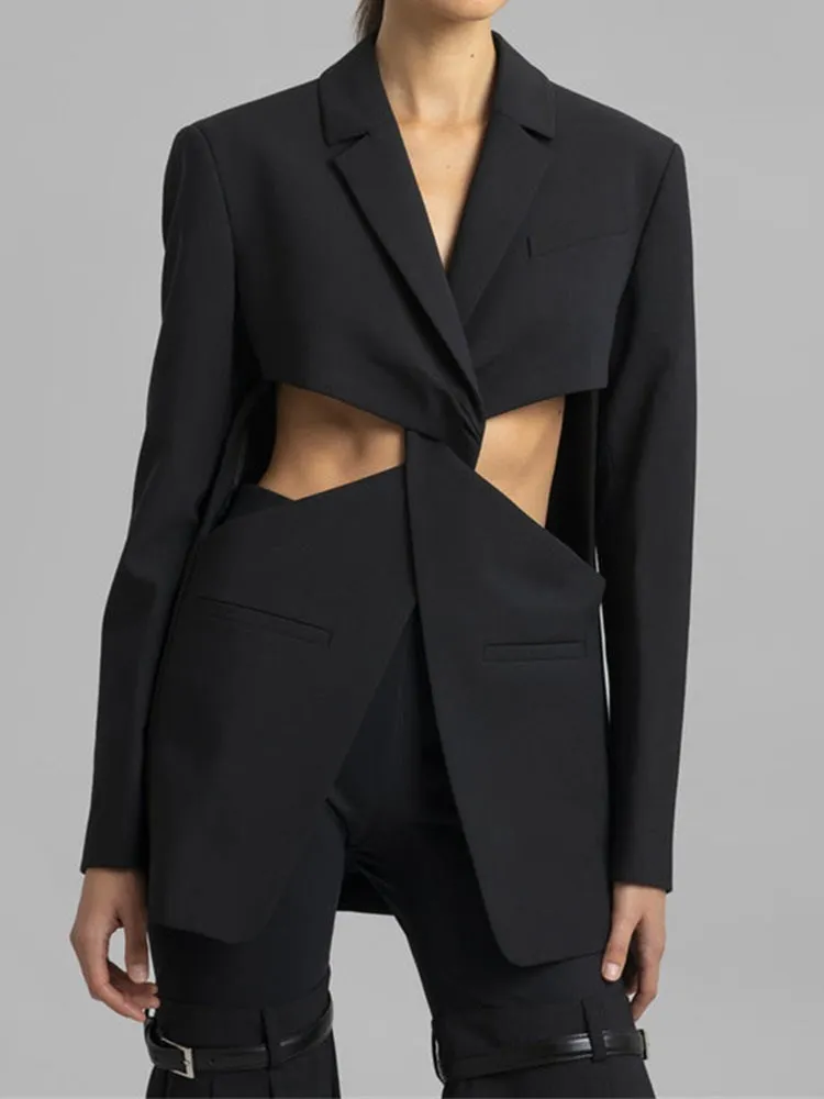 BPN Hollow Out Party Blazer For Women Notched Collar Long Sleeve Crisscross Minimalist Soild Blazers Female Fashion Clothing New
