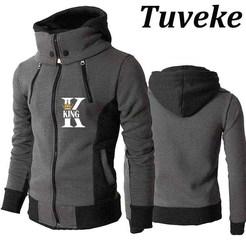 Tuveke Men's Fall/Winter KING Collection Print Solid Color Hooded Jacket Double Zip Turtleneck Design Sports Casual Jacket