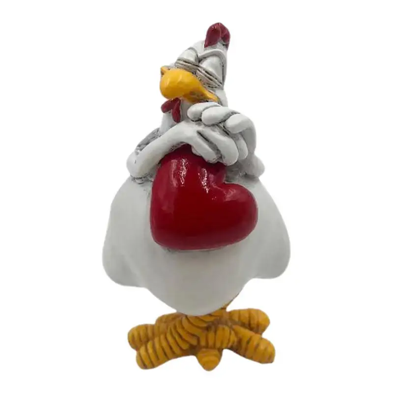 

Chicken Statue Ornament Embrace Love Resin Rooster Figurines Funny animal rooster holding a heart sculpture for home decoration