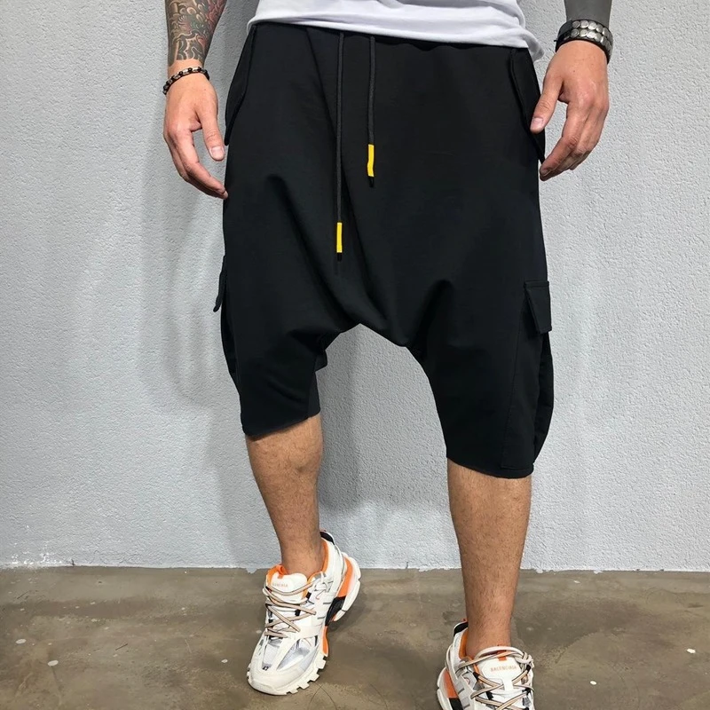 Pantalones bombachos de Hip Hop para hombre, ropa de calle negra, pantalones cortos con bolsillos, estilo japonés, algodón, holgados, | - AliExpress