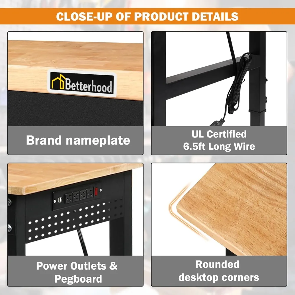 70" Adjustable Height Workbench, 2000 LBS Heavy Duty Work Table with Power Outlets & Pegboard, Rubber Wood Workstation for 4
