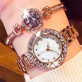 여성용 다이아몬드 상감 로즈 골드 스틸 밴드 쿼츠 시계, 팔찌 세트, 다목적 패션, 2PCs 상품 이미지