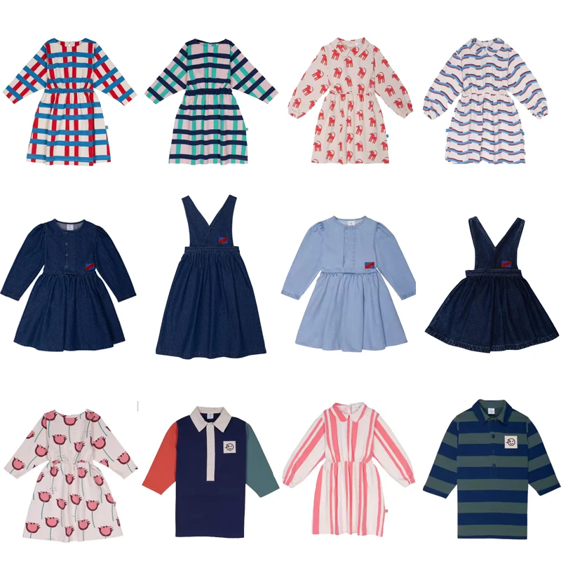 aw24 wyn kids dress for girls striped print long sleeve casual Dresses Sisters Denim Dress Clothes