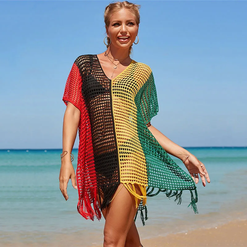 bathing suit dress cover ups Tops For Women Summer Dress Skirts 2022 New Knit Chromatic Stripe Beach Sexy Hollow Out Neck Bikini Smock Color Print Polyester bikini cover