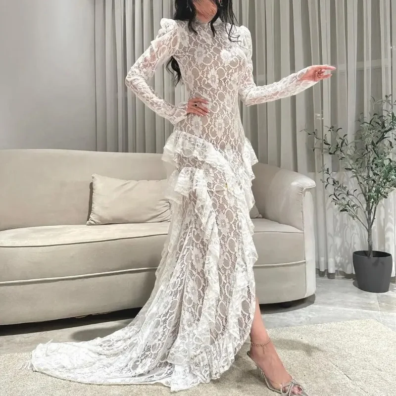 

O-neck high-low Saudi Arabian evening dress formal party dress elegant women's mermaid long sleeved lace dance dress 2024 New