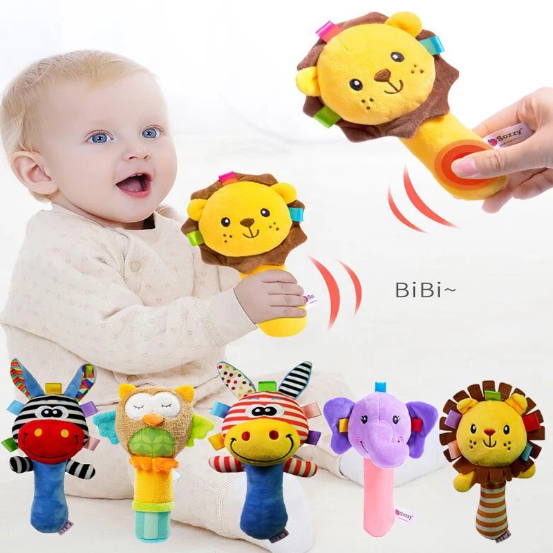 

Baby Soft Plush Hand Rattle Squeaker Sticks for Toddlers Cartoon Stuffed Animal Teether 0-12 Months Newborn Sensory Develop Toys