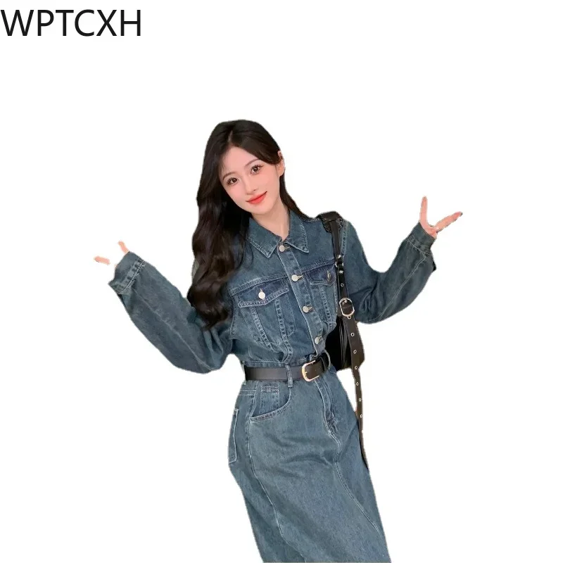 

2024 New Spring Korean Version Oversized Women Denim Dress Waist Fashion Slim High-end Loose Slit Dress Freshing Chic