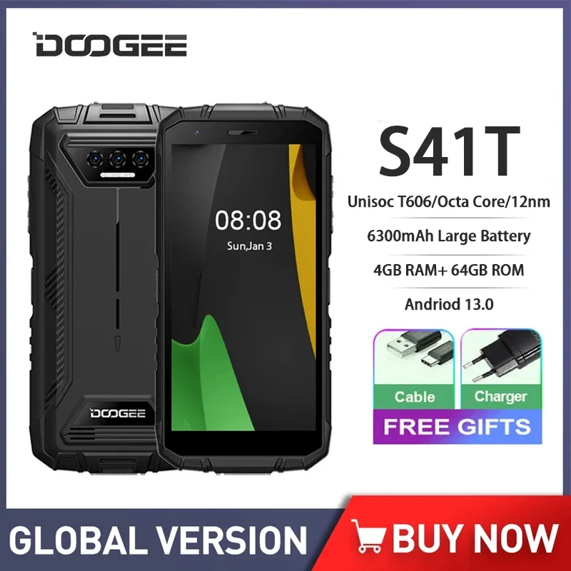 

DOOGEE S41T Rugged Smartphone 4GB+64GB 5.5Inch HD Screen 13MP Camera Octa Core Android 13 Mobile Phone 6300mAh 4G Cell Phone NFC