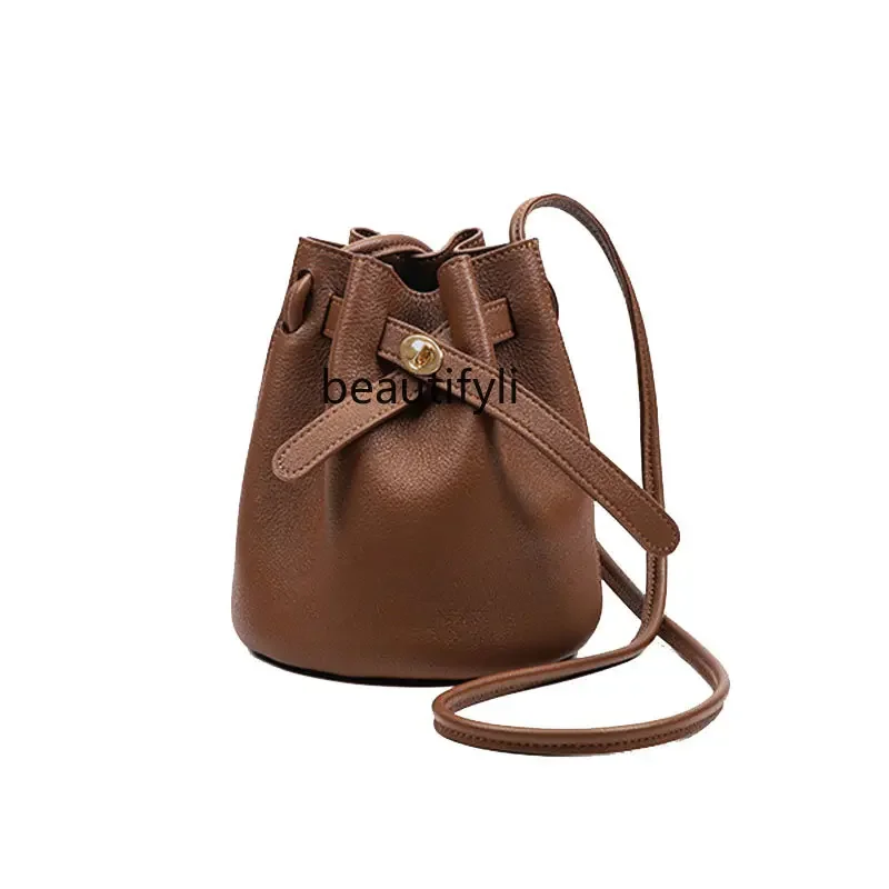 

zq Bucket Bag for Women Autumn Winter Retro Crossbody Small Bag Texture Top Layer Cowhide Leather Single-Shoulder Bag Tide