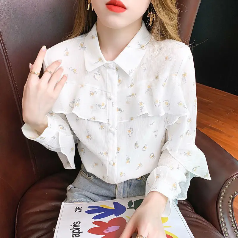 Fashion Printed Spliced Button Ruffles Shirts Women's Clothing 2023 Autumn Winter New Loose Korean Tops Sweet Blouses