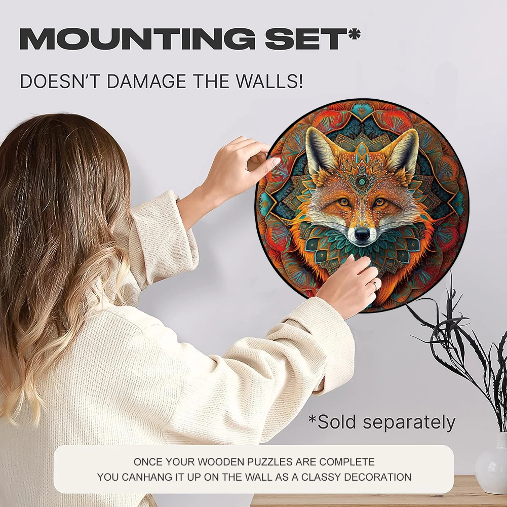 Wooden Puzzle Mandala Fox Ethnic Wooden Jigsaw Puzzle Unique Animal Shaped Pieces Charming Fox Puzzle Best Gift For Adults, Kids 5