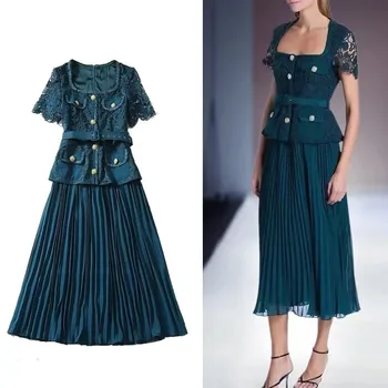 Runway Fashion New Summer Lace Patchwork Chiffon abito plissettato donna colletto quadrato manica corta scava fuori cintura Party Midi Dress 1