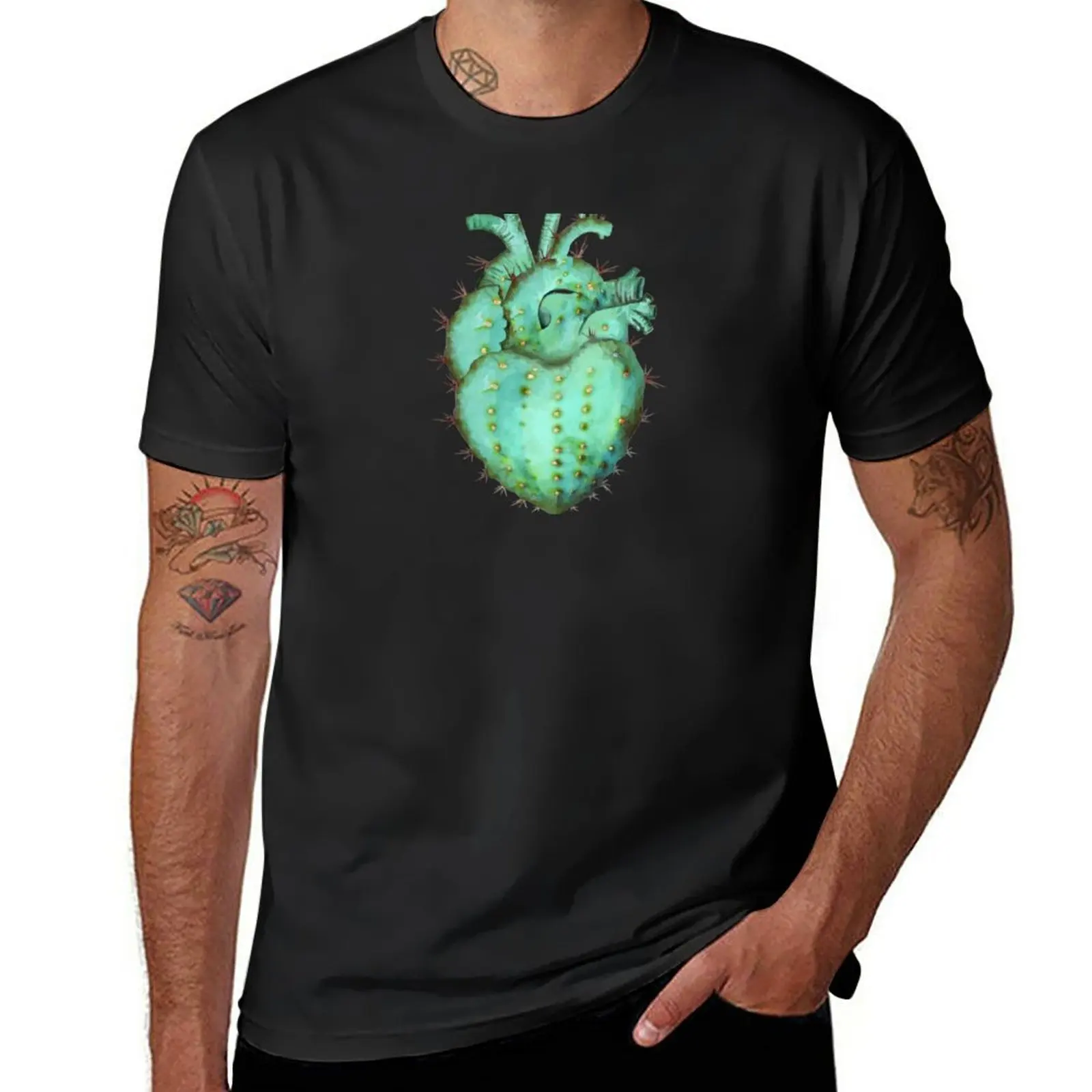 

New Human heart shaped cactus succulent plant with pink flower watercolor technique T-Shirt