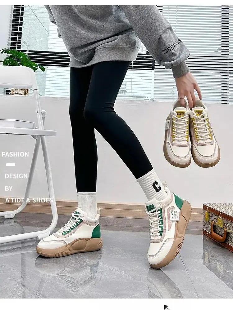 

Женские кожаные высокие кроссовки, повседневная спортивная обувь на толстой нескользящей подошве, дышащая модная повседневная обувь смешанных цветов, весна-осень