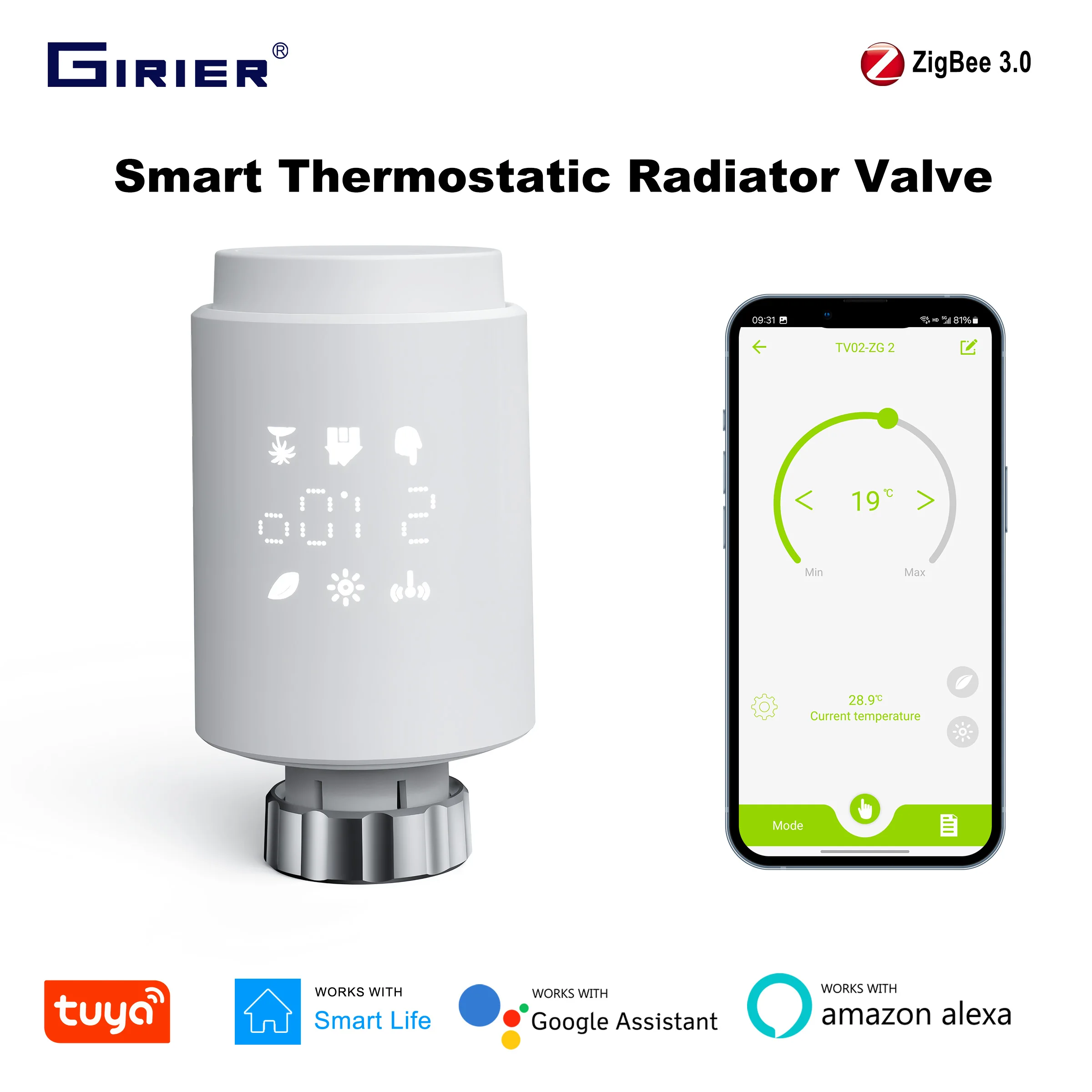 GIRIER Tuya สมาร์ทวาล์วหม้อน้ํา Thermostatic ZigBee หม้อน้ําเทอร์โม TRV โปรแกรมควบคุมอุณหภูมิทํางานร่วมกับ Alexa 1