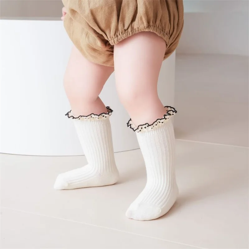 Cute Toddler Lace Trimmed Socks Non-Skid Knee High Socks Soft for Winter Spring Summer Autumn