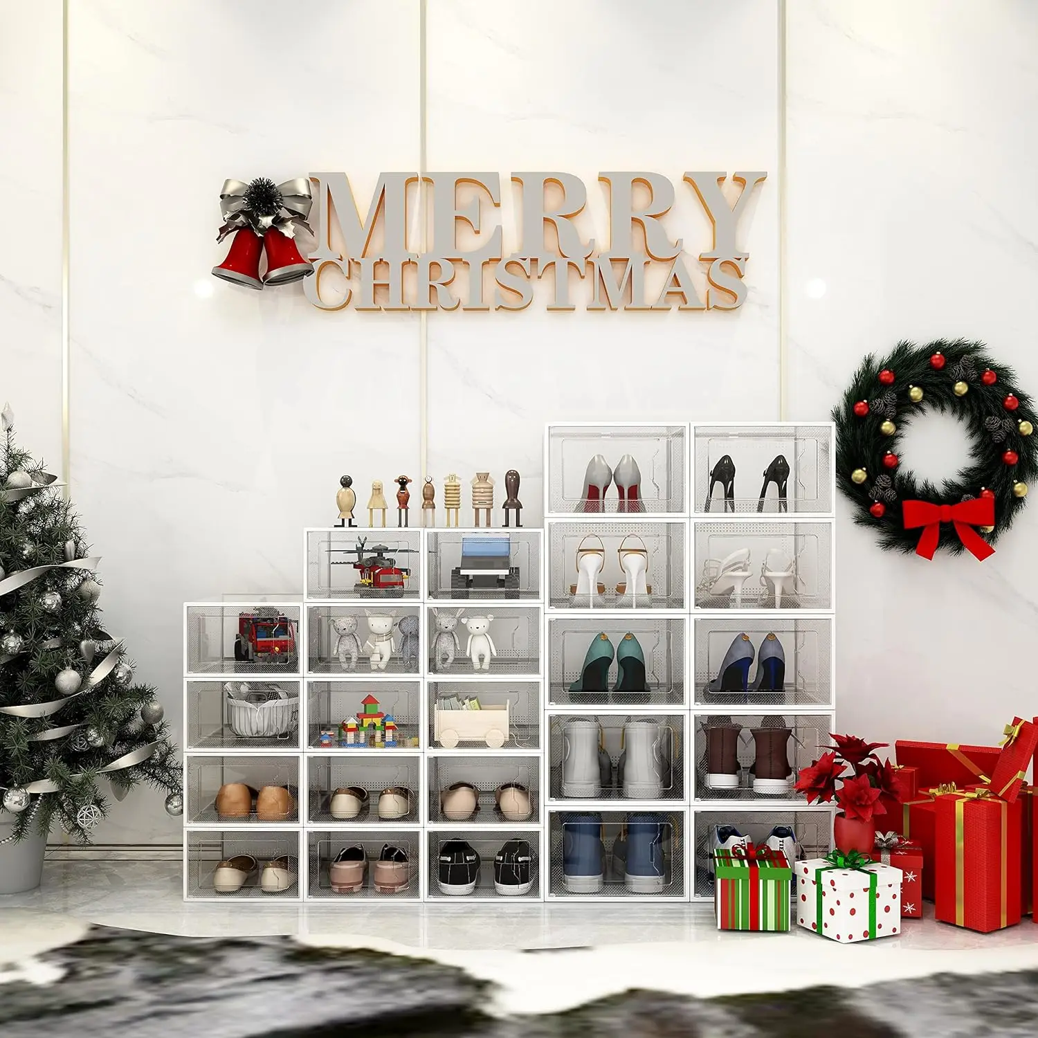 X-Large 12 Pack Shoe Boxes Clear Plastic Stackable, Shoe Storage Boxes, Space-Saving Shoe Containers Bins (Clear)