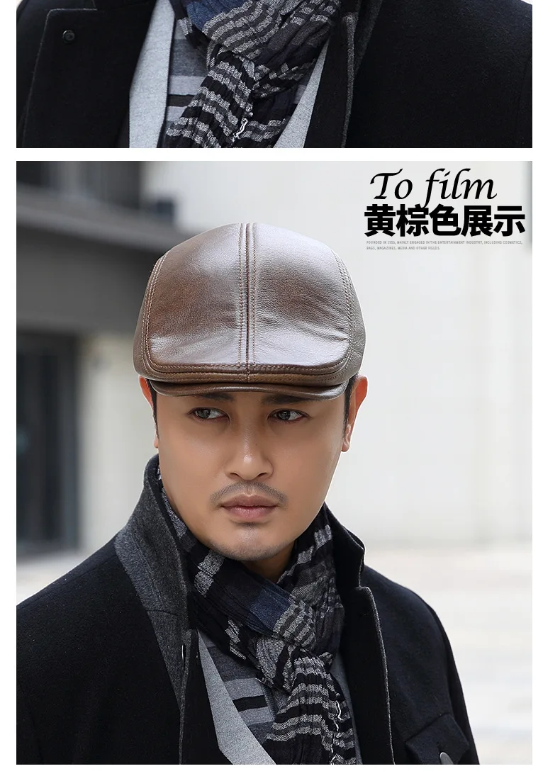 Genuine Cowhide Leather Men Berets Cap Hat High Quality Fashion Men's Real Leather Adult Black Hats