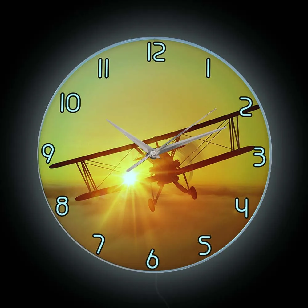 

Vintage Flying Biplane Sunset Luminous Wall Clock For Pilot Home Decor Aviation LED Lighted Sign Old Aircraft Nightlight Clock
