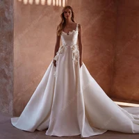 2024 Satin Wedding Dresses For Women 3D Flowers Sleeveless A-Line Bridal Gowns Simple Court Train Vestidos De Novias Customized 1