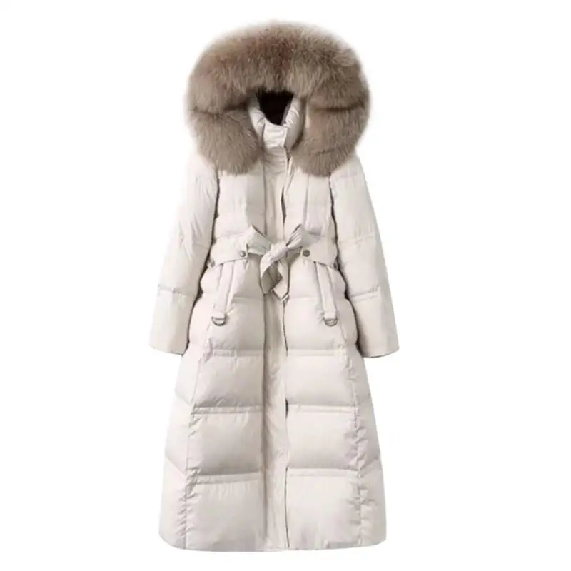 

Streetwear Warm Winter Ladies Thick Coats Parkas Puffer Zipper Hood Long Fur Collar Fashion Brand Solid Warm Jacket White