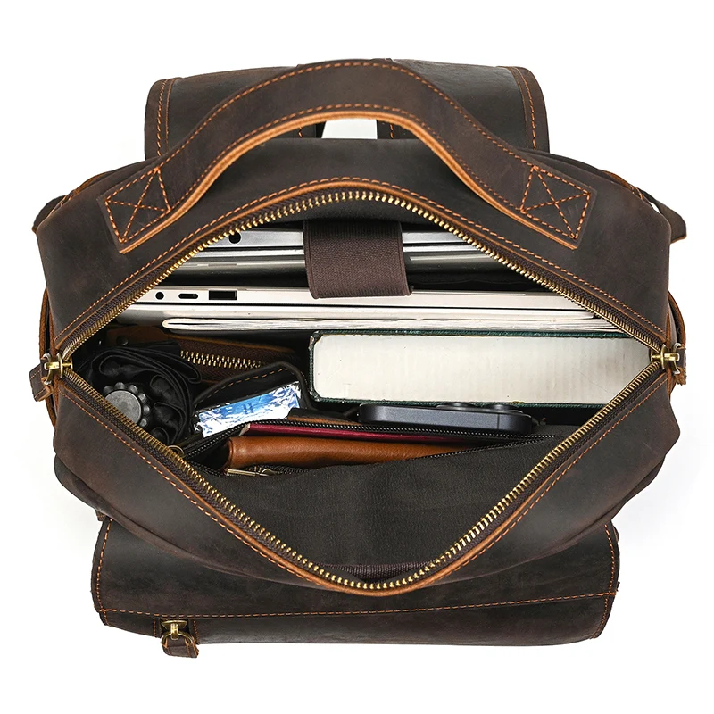 Crazy Horse Leather Backpack Men Brown Unisex Cow Leather 14" Laptop Rucksack Vintage Real Leather School Bag Durable Travel Bag 6