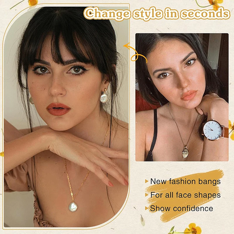 Frange Sintetiche Finte Effetto Naturale, Extension Capelli Frontali, Frangia Nera Marrone con Clip, Doppie Ciuffe Laterali per Acconciature - immagine 4