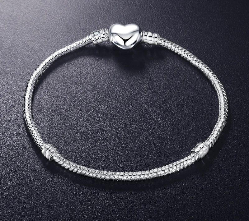 Original 925 Silver Color heart shape charm bracelet snake DIY bead bracelets gift for women