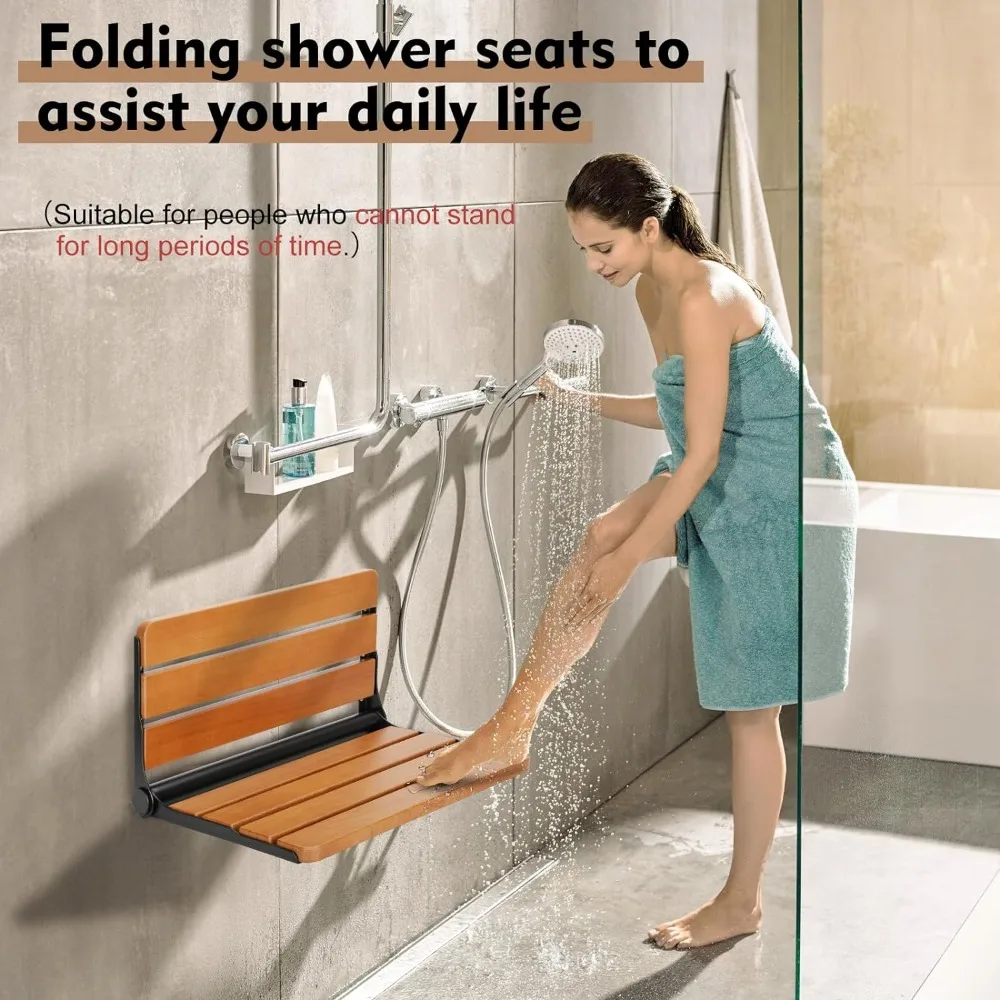 18" Teak Folding Shower Seat Wall Mounted,Fold Down Shower Bench for Shower Space Home Care Teak Wood Stool Aximum Load 380lb 2