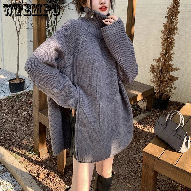 

Водолазка женская с двойной молнией, повседневный длинный утепленный свитер свободного покроя, модный белый пуловер оверсайз в стиле ретро, зима