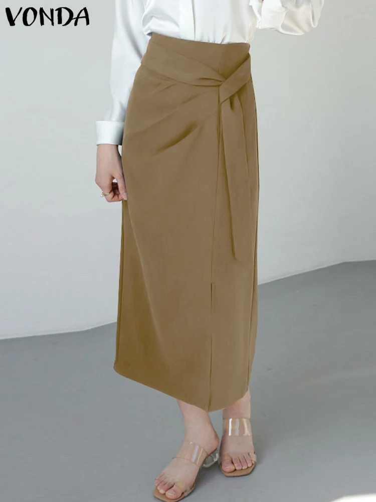 

Elegant Fashion Casual Split Skirt Women 2023 VONDA Summer High Waist Pleated Midi Skirts Solid Color Loose Bottoms Streetwear