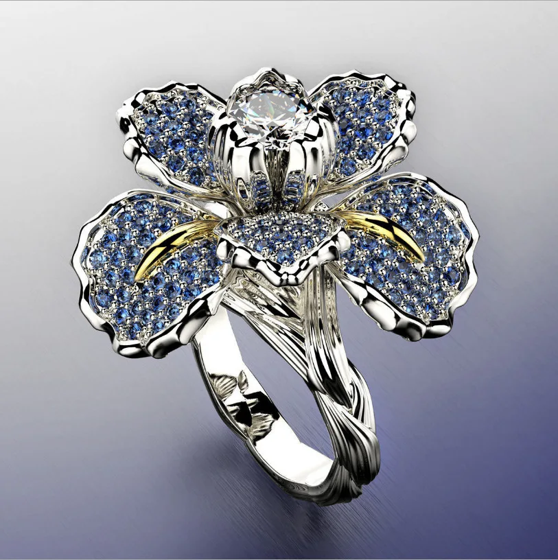 Wholesale Diamond Iris Two Tone Ring Blue Topaz Flower Engagement Cocktail Accessories