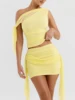 Women's Elegant Temperament Pleated Top and Short Skirt Set, Solid Color Net Sand Diagonal Shoulder Strap, Summer Beach Ou, New 6