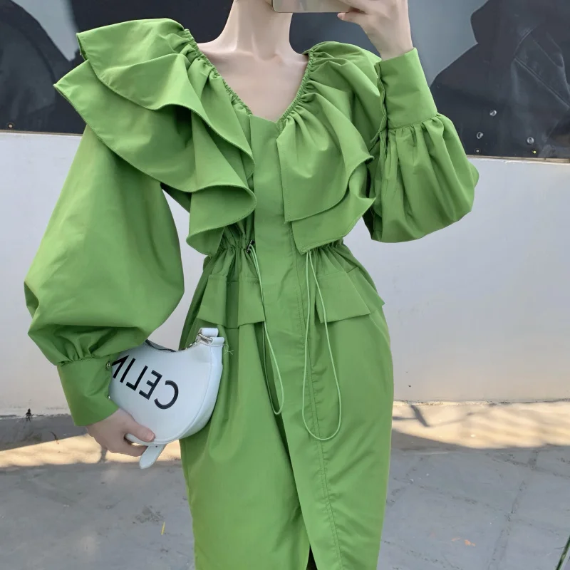 

Elegant Women Casual Solid Spring Summer Ruffles V-Neck Dress Full Lantern Sleeve Ladies Waisted Pencil Midi Dresses 2023 DS123