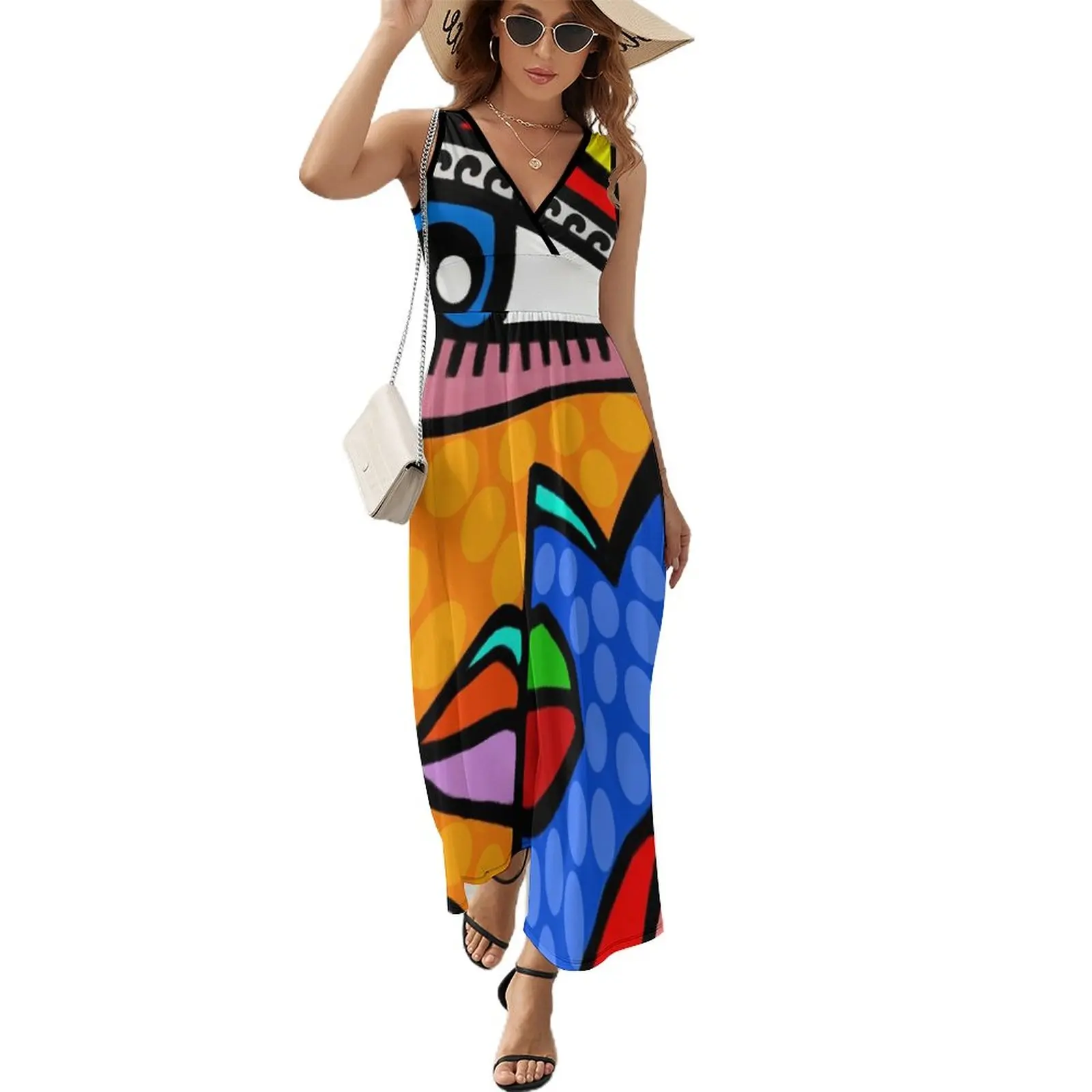 

Funky Abstract Style Art Face with Dots and Stripes Sleeveless Dress luxury woman evening dress