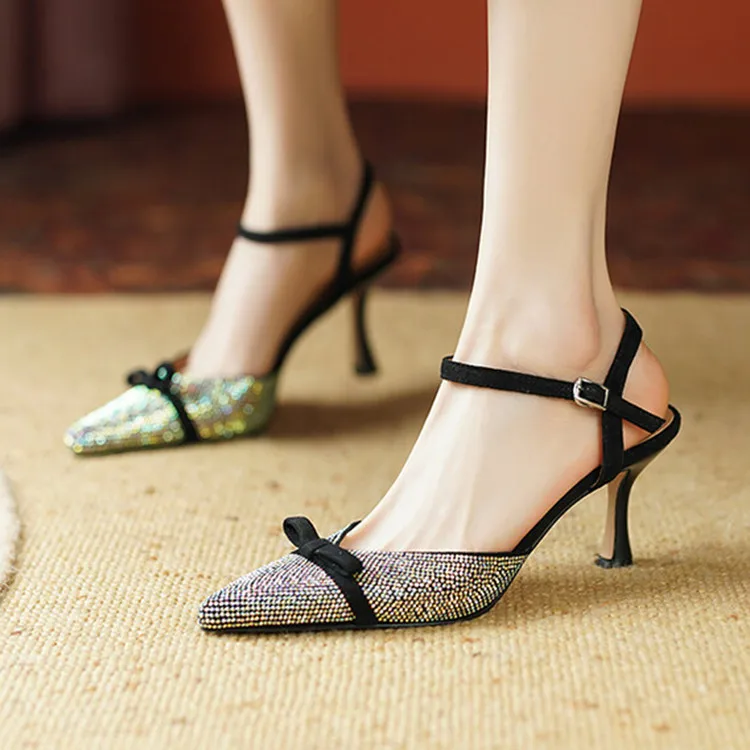 

2023New Black Crystal Women Slingback Sandals Cute Bowknot Thin High Heels Summer Shoes Pink Ankle Strap Lady Sandalias Femmes