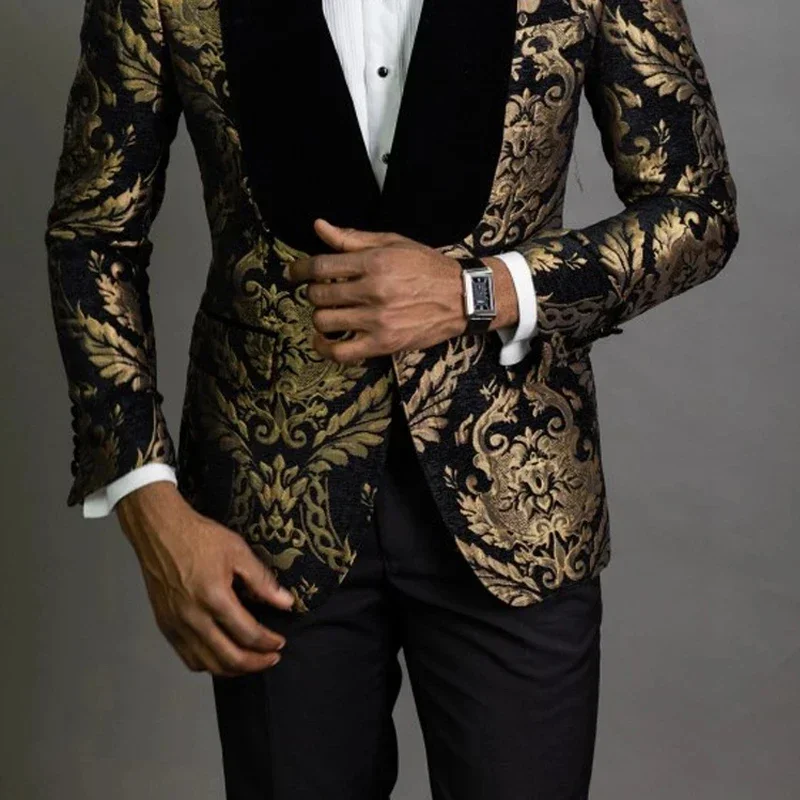 Black Floral Jacquard Men Suits Black Lapel Wedding Dress Costume Homme Prom Slim Fit Tuxedo Groom Terno Masculino Blazer 2 Pcs