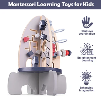 Wooden Toys Activity Cube, Montessori Toys for 1 Year Old, Baby Space Toy Rocket Cube, Bead Maze, STEM Developmental Birthday Gi 3