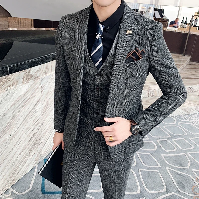 Mens Suit British Korean Modified Plaid Three-piece Suit