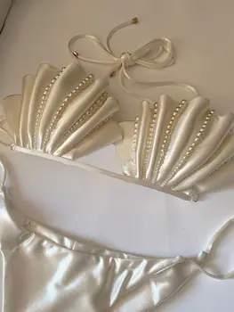 High-Grade Pearl White Bikini Women's Small Chest Push up Swimsuit Seaside Vacation 2