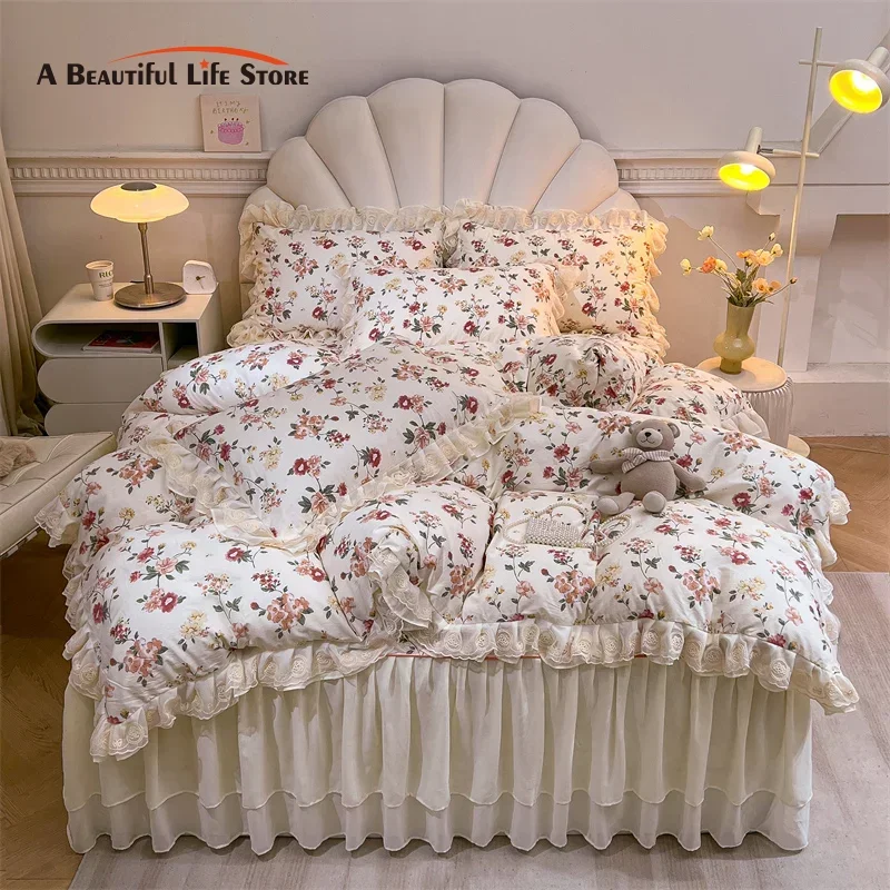 

Pure Cotton Korean Style Princess Lace Ruffles Floral Bedding Set with Duvet Cover Set Lace Bed Skirt Bedspread Pillowcases 4Pcs