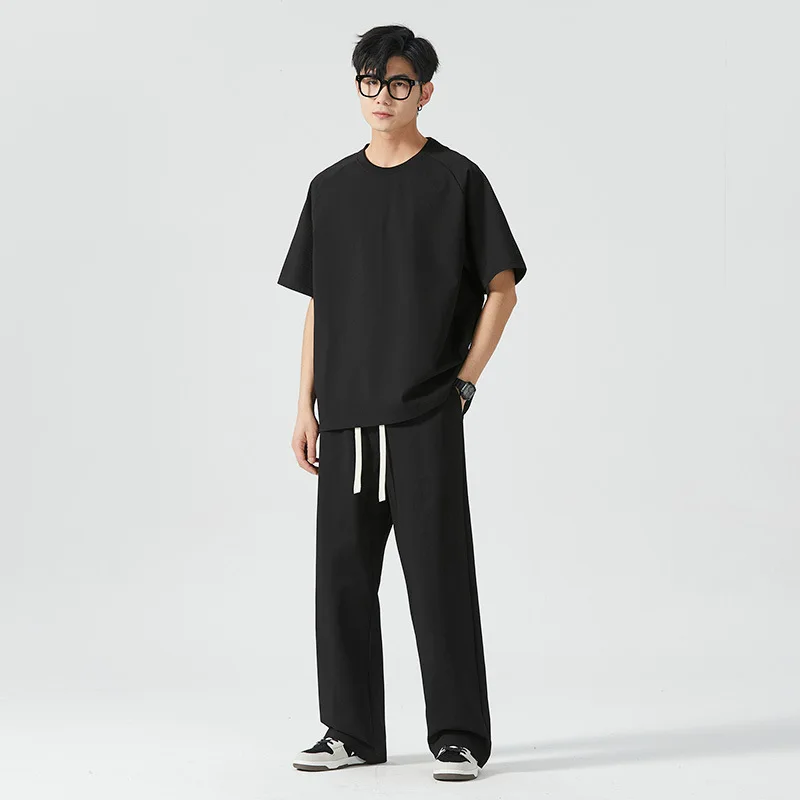 남성용 얇은 애슬레저 심플 세트, 루즈한 반팔 스트레이트 스웻팬츠, 학생 단색 투피스 세트, 2024 여름