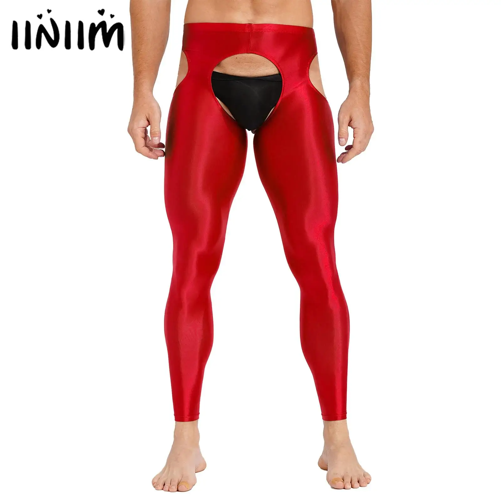 Mens Lingerie Skinny Pants Underwear Nightwear Stretchy Suspender Pantyhose Crotchless Leggings Hollow Out Glossy Underpants