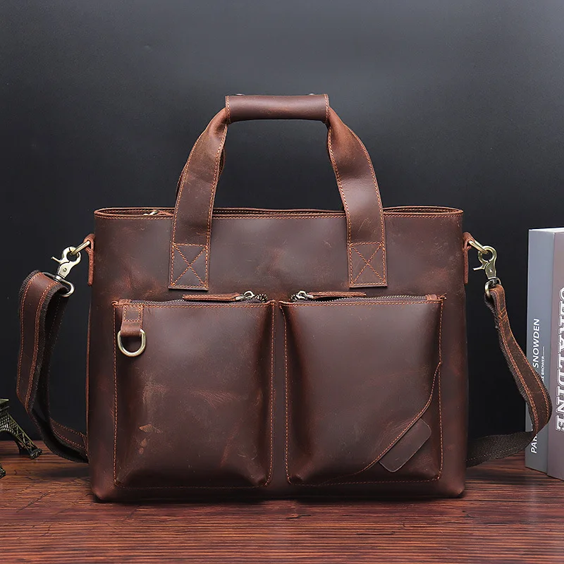 

Мужская кожаная сумка AETOO, вместительный деловой портфель из кожи Крейзи Хорс, дорожный мессенджер на плечо