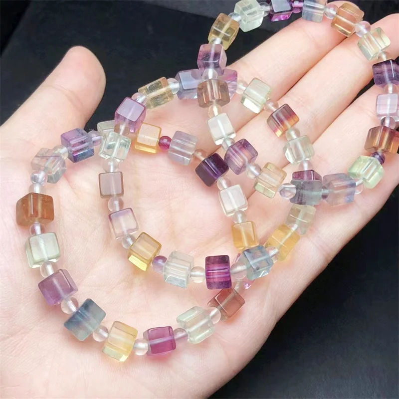 

Natural Fluorite Cube Bracelet Crystal Healing Stone Stretch Polychrome Gemstone For Women Birthday Present Lover Gift 1pcs