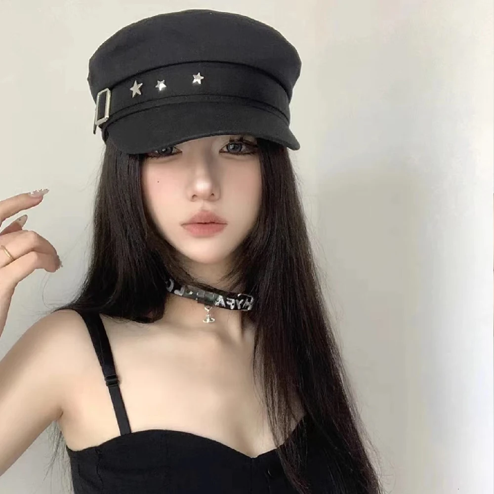 Retro Pittore Donne Nero Stella Cappello Militare Marinaio Capitano Flat Top Caps Primavera Autunno Artista Britannico Giornale Berretti_voghion.com