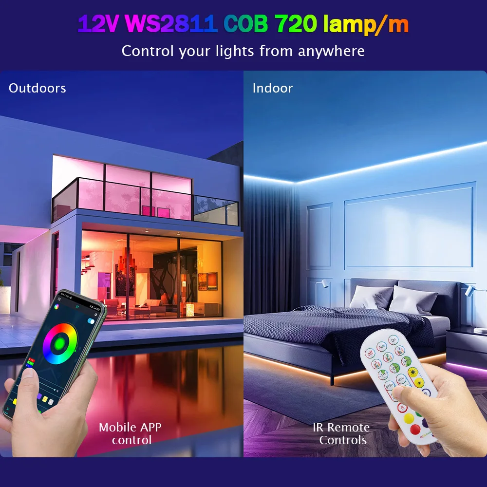 12V WS2811 RGB COB LED Strip Light Wifi Bluetooth-compatible Remote Control Power Kit Dimmable Flexible Tape Dream Color Decor